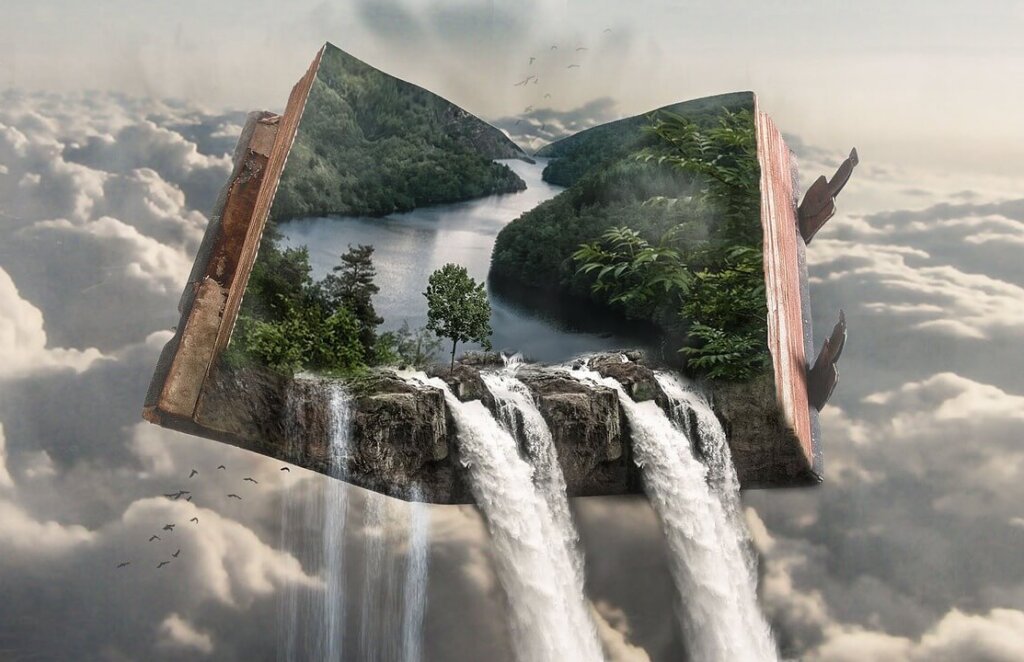 This is an image of a book in the clouds with a forest in it and a waterfall pouring out of it.