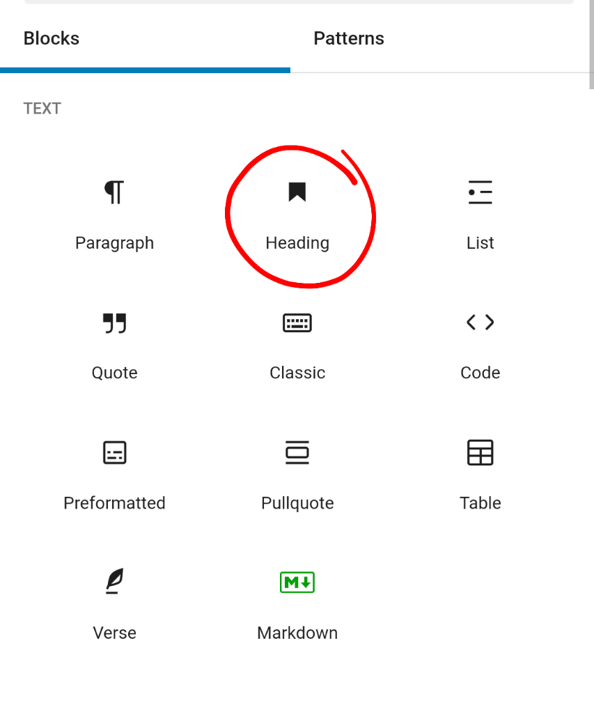 Image of types of blocks in the WordPress builder with Heading circled.